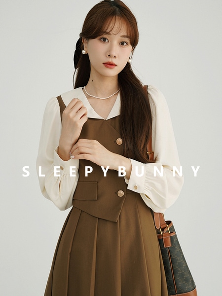 Sleepy Rabbit Story 春と秋のレトロフェイクツーピースドレス