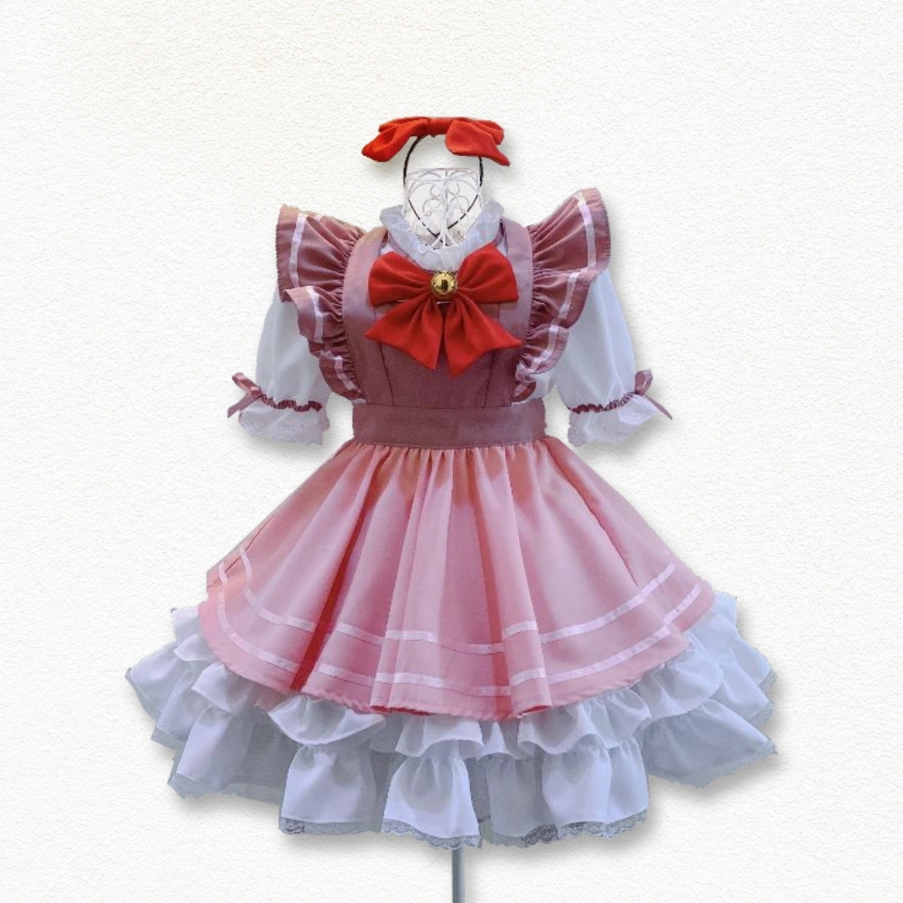 可愛い　姫風　スウィート配色　女の子　ワンピース　鈴付け　肩フリル　カフェメイド服