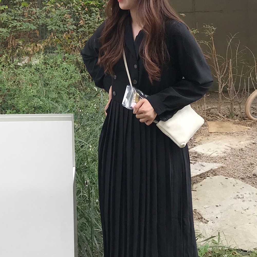 ワンピース ブラウス プリーツスカート ロング ロング丈 袖あり 長袖 ボリューム袖 Vネック 襟付き プリーツ かわいい 大人可愛い きれいめ カジュアル 大人 上品 おしゃれ 大人女子 こなれ感