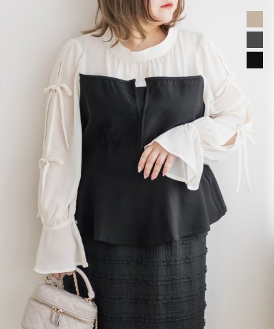 大きいサイズ レディース LL 3L 4L XL XXL XXXL CLETTEオリジナル袖リボンドッキングペプラムブラウス