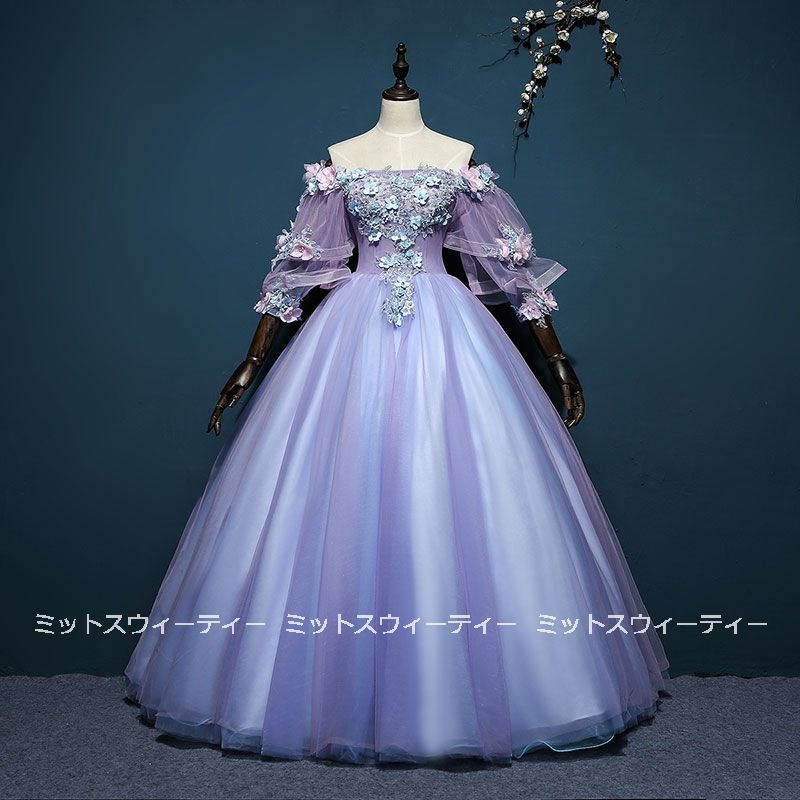 【福祉放送】カラードレス ステージ衣装 演奏会用ドレス フラワー パープル 袖付き ロングドレス 発表会 コンサ