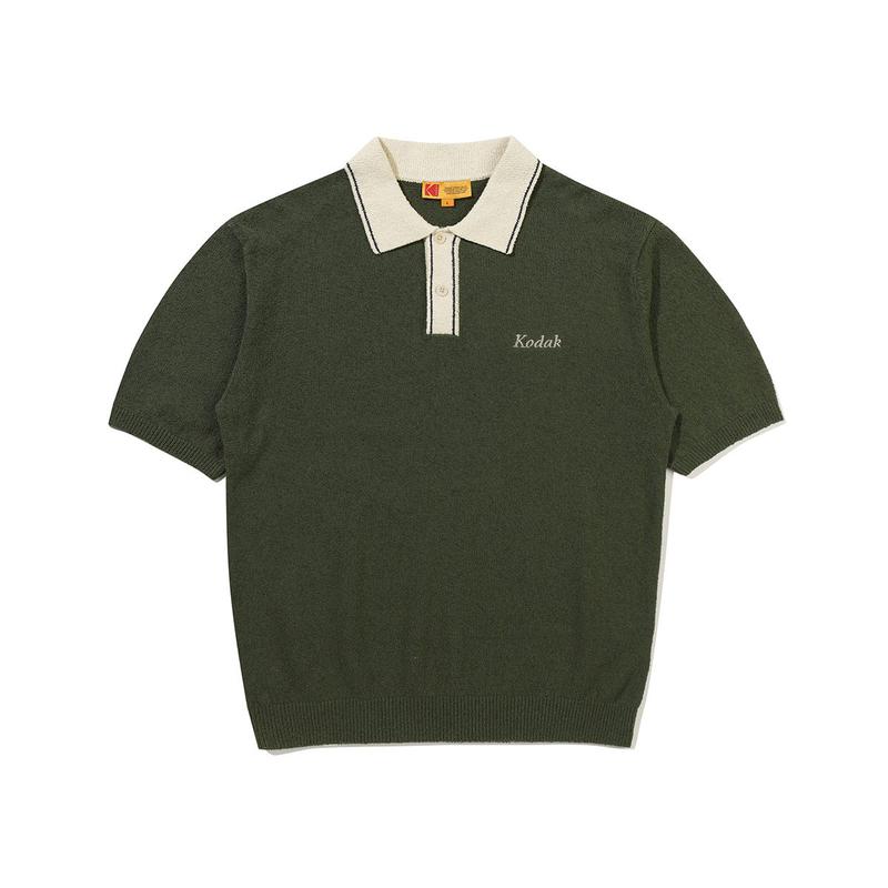 [公式]カラー配色ブークレ半袖ニット KHAKI