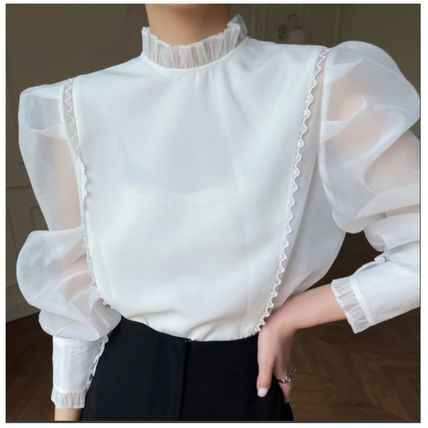 【送料無料】レディース トップス ブラウス スタンドカラー パフスリーブ 長袖 大人可愛い