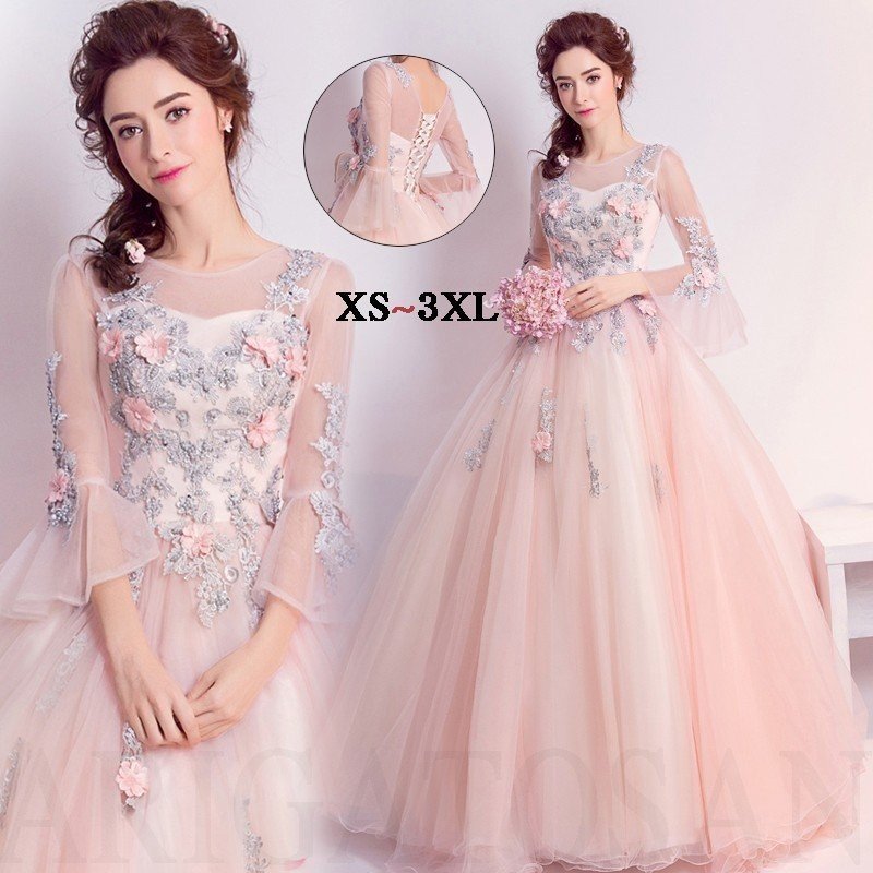 ロングドレス 演奏会 ドレス パーティードレス 結婚式 ドレス 袖あり ウェディングドレス 花嫁 ロ