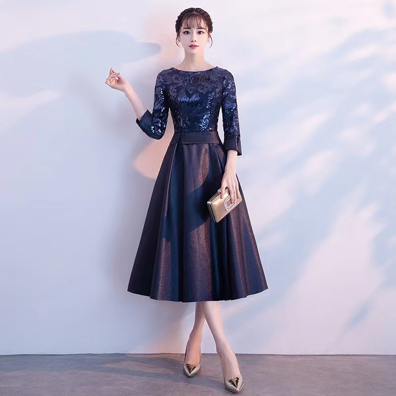 パーティードレス 結婚式 七分袖 演出舞台 ダンスドレス ロング丈 ミモレ丈 ワンピース フォーマル レース ドレス お呼ばれ 披露宴 服装 女性 上品