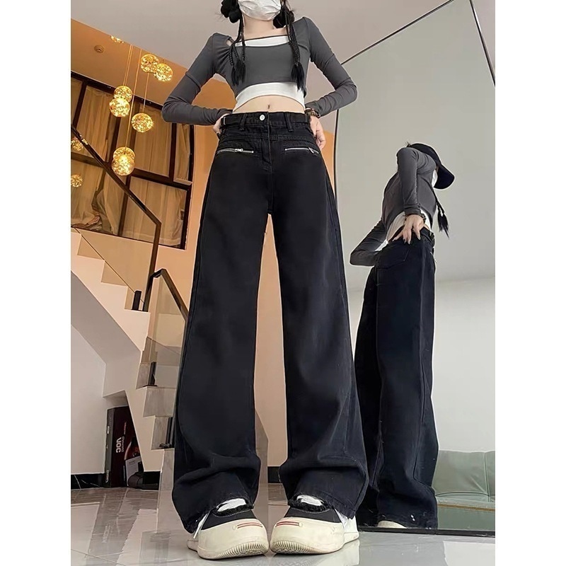 ブラックジーンズレディーストレンドハイウエストスリム小さめカジュアル万能ルーズストレートワイドレッグパンツ