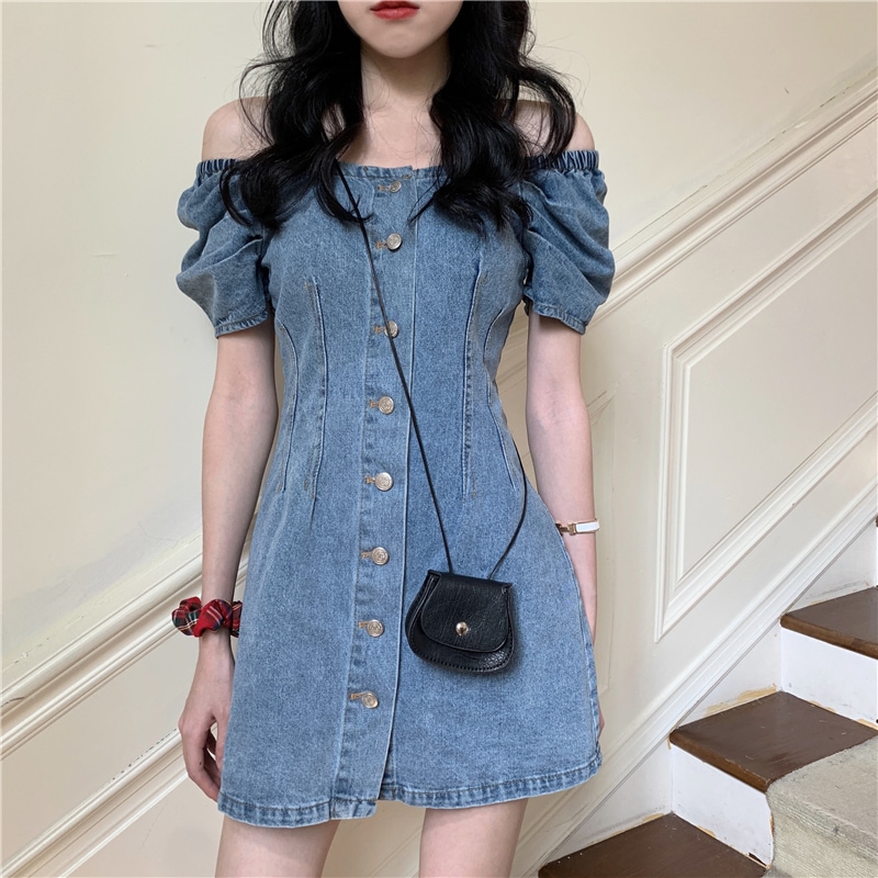 デニムワンピース ショート ショート丈 袖あり ランタンスリーブ ラウンドネック 襟なし スリム 6,318円