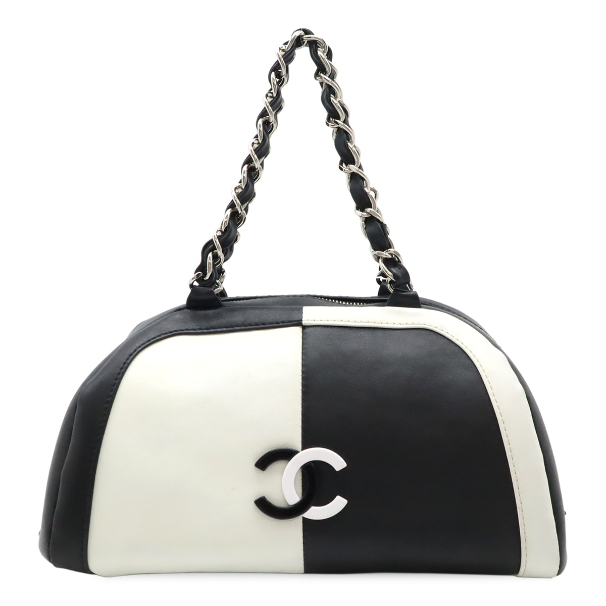 ココマーク ハンドバッグ ミニボストンバッグ チェーンショルダー バイカラー レザー ホワイト 白 ブラック 黒 シルバー金