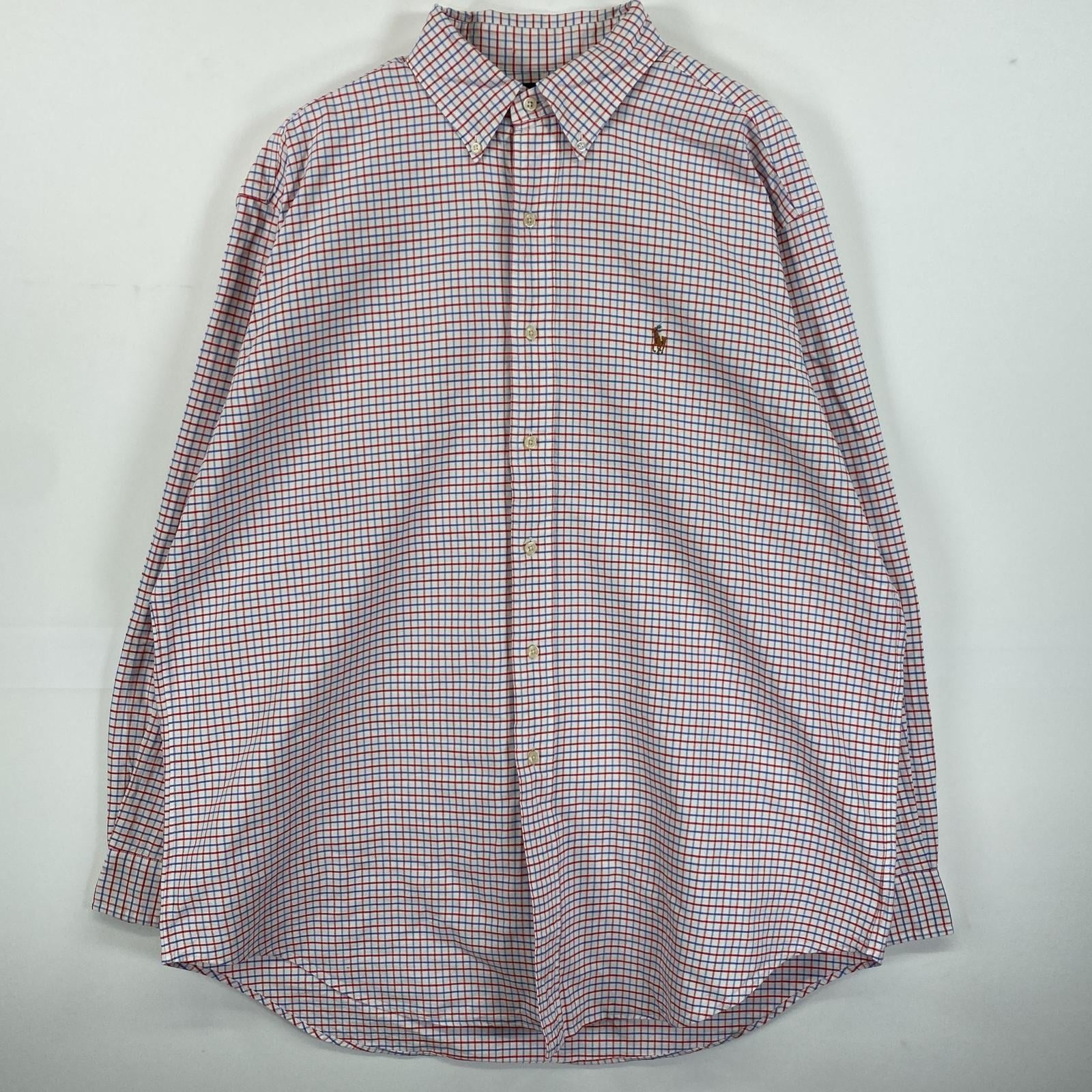 古着 長袖シャツ ボタンダウン ワンポイントロゴ刺繍 オックスフォード 16 2/1 L-XL レッド系 チェック メンズ