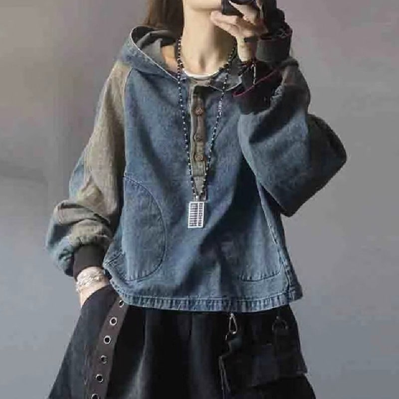 【着瘦せ高く見える】 デニム 切り替え 配色 パーカー