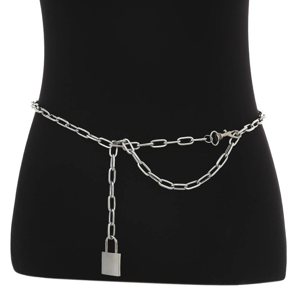 南京錠ロングボディチェーン シルバーチェーン 銀色 鍵 カギ パドロック 腰 ビキニ 水着 鎖 ウエストチェーン 首飾り おしゃれ セクシー ベルトチェーンチェーンベルト mt968