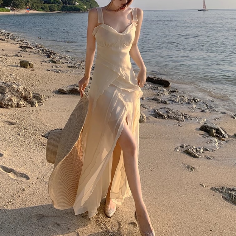 レディース スカート ワンピース ドレス ビーチスカート フリルスリットロングスカート ロング 袖なし ノースリーブ フェミニン シフォン フリル スリット ハイウエスト 透け感 薄手 かわいい