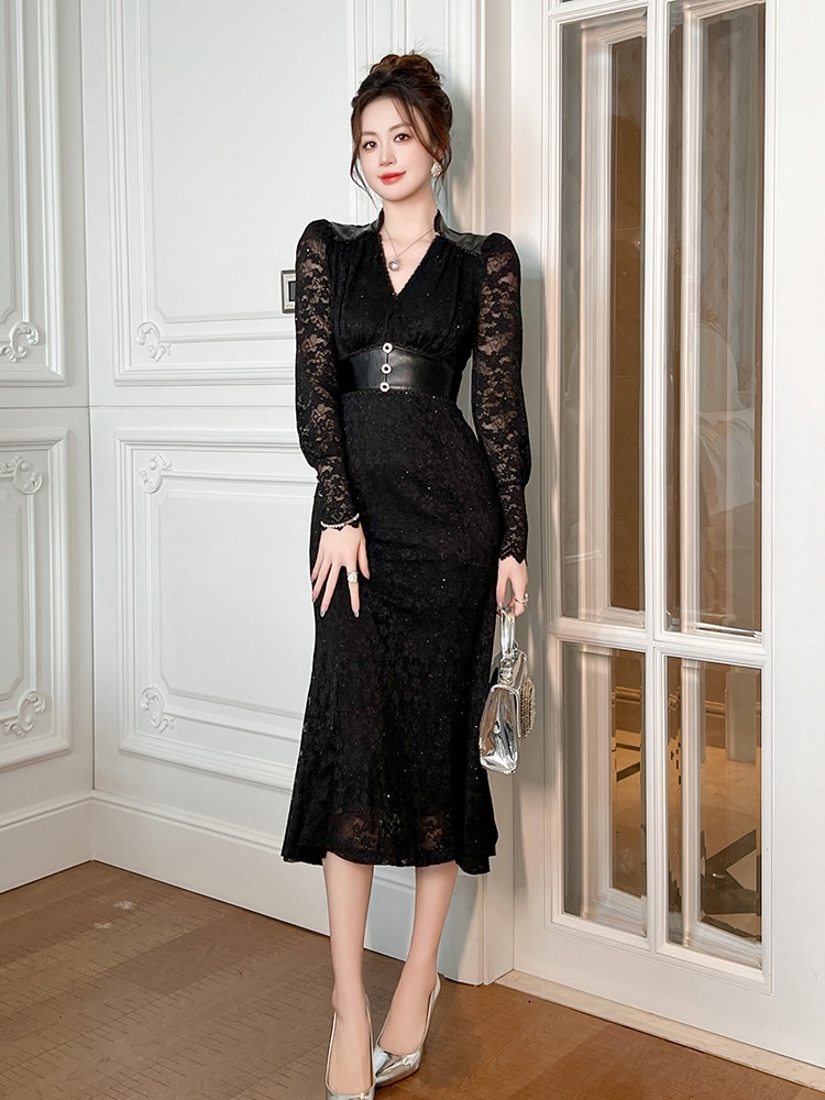 【JY.上品】 2024秋冬新品 大人 レース PUレザー ドッキング ワンピース ドレス パーティー キャバ 大人 同窓会 披露宴 卒業式 結婚式 演奏会 ウェディング 二次会 メガ割