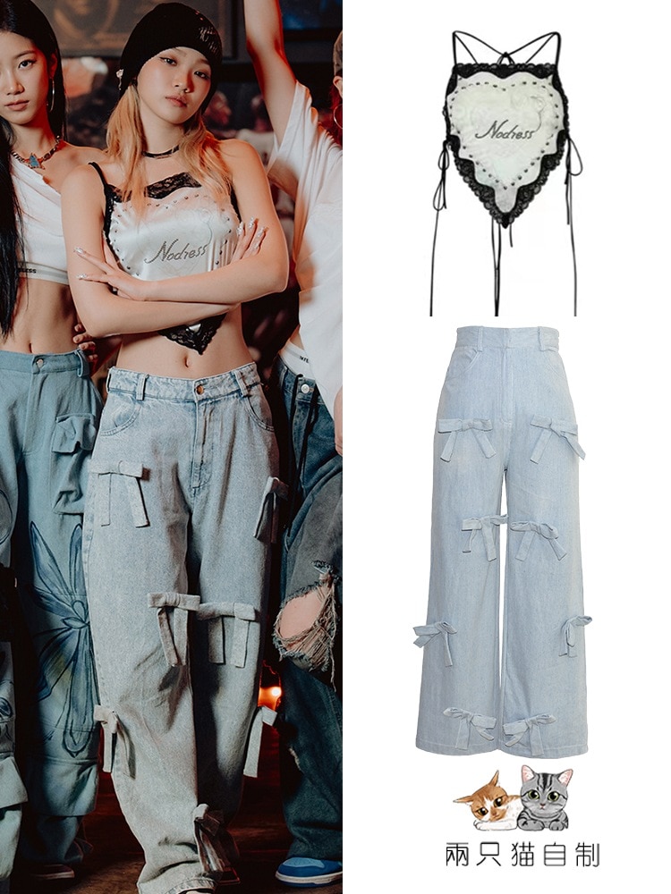 Le Sserafim ゴールドソース レースプリントチューブトップサスペンダーリボンジーンズスーツ