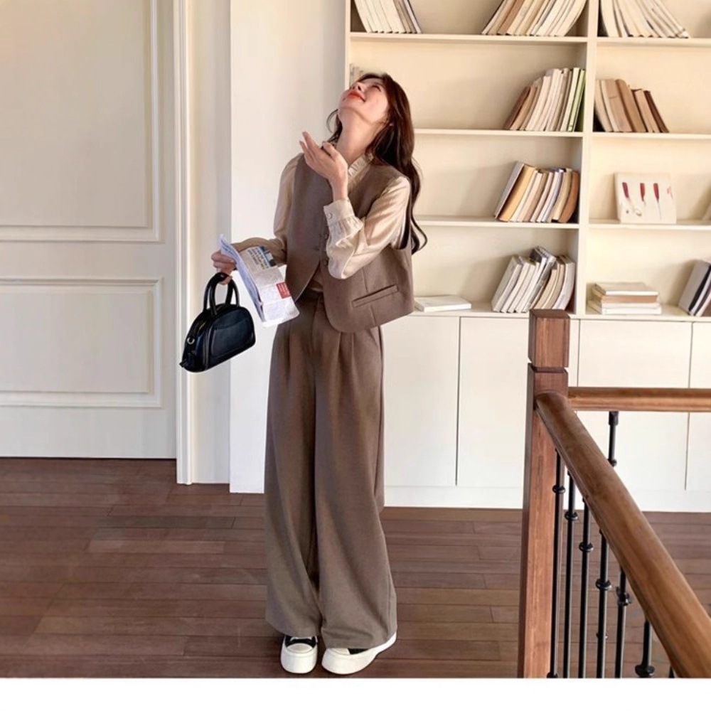 ベストスーツスリム効果シャツワイドパンツスリーピース春秋新作スーツトップスアウター