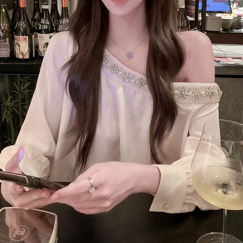 ミスジェニー重工ダイヤモンドベベル長袖シフォンシャツ変則サテンオフショルダートップス