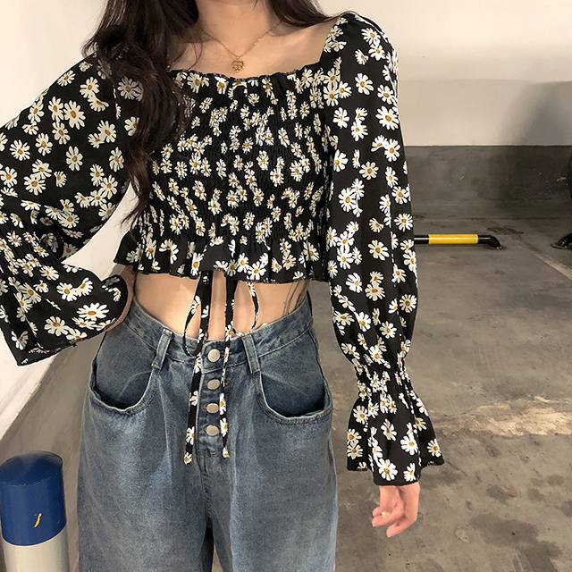 レディース トップス スクエアネック シャツ ブラウス 花柄 デイジー プリント ショート丈 オフシ