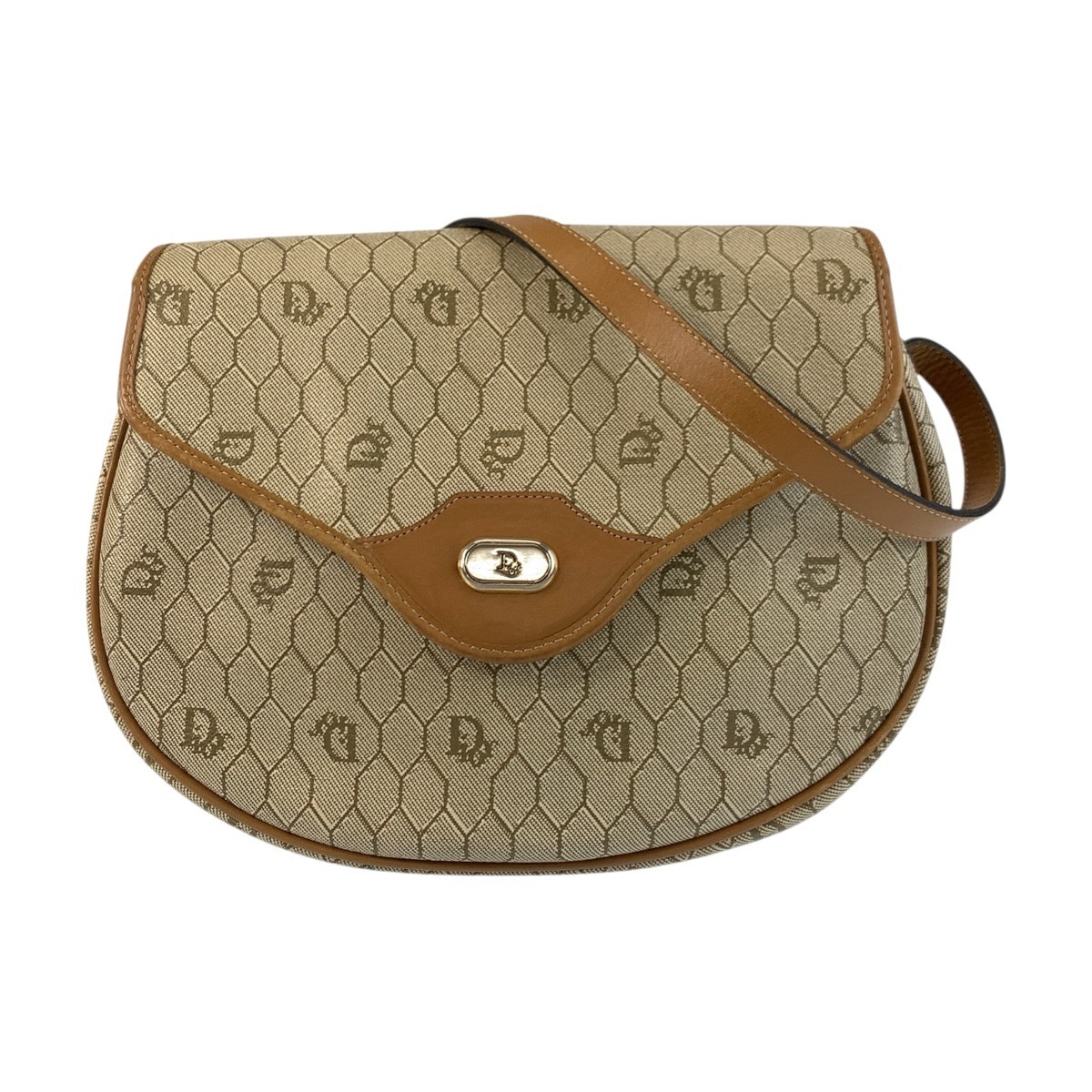 美品 ヴィンテージ ハニカム柄 ベージュ ブラウン ゴールド金具 PVC/レザー ショルダーバッグ ポシェット レディース 505067