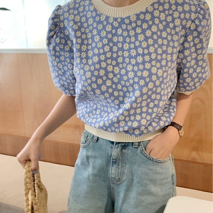 トップス Tシャツ カットソー ニットソー 袖あり 半袖 クルーネック バイカラー スリム 花柄 フラワー デイジー タック メロウ かわいい 大人可愛い きれいめ シンプル カジュアル おしゃれ w