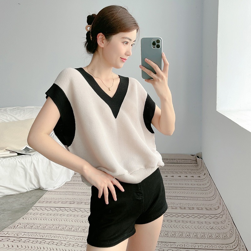 プリーツトップ レディース ゆったり 薄手 春夏 新気質 コントラストカラー Vネック 半袖 Tシャツ プルオーバー ベスト