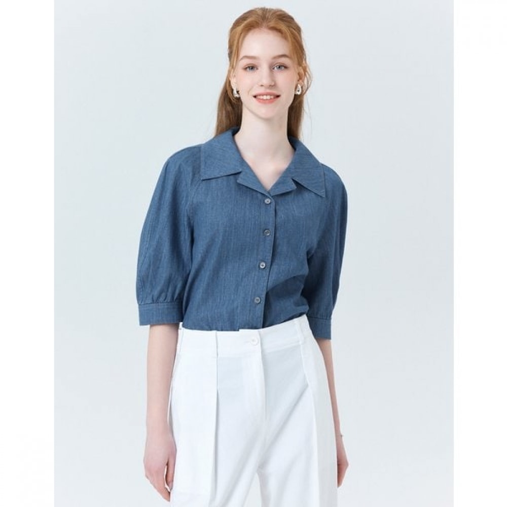 [デニム] ブルーデニムライク5分袖ブラウス HSSH4B305B2