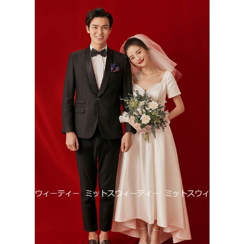 韓国ファッション袖付き 前ミニ 披露宴 ロングドレス 花嫁 aラインドレス 二次会 ウエディングドレス ハネムーン 演奏会 ウェディングドレス パーティードレス 結婚式 ブライダル