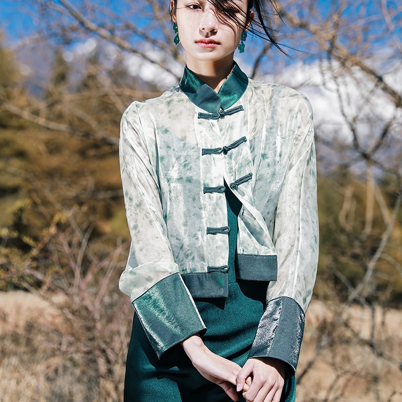 チャイナ風アウター オーガンジートップス レディース 長袖 改良唐装 着痩せ 紫外線対策 色合わせ