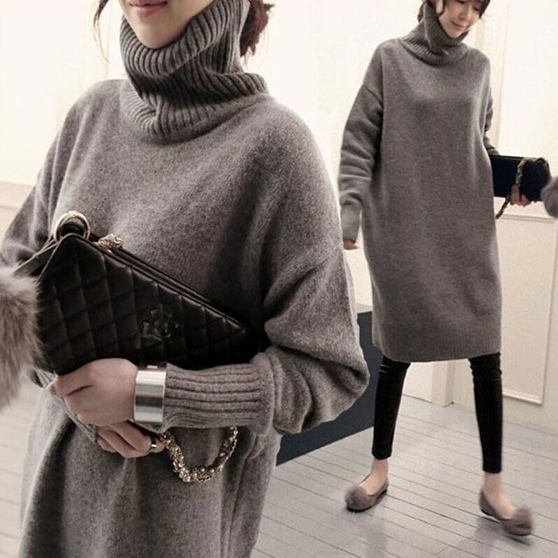 2色 ワンピース 長袖 秋冬 きれいめ 大きいサイズ ニット ワンピ 膝丈 ひざ丈 ミモレ ミモレ丈 タートルネック BIGシルエット セミフレア ふわふわ 黒 ブラック 灰色 グレー XL 2XL