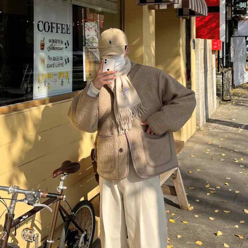 メンズ　ファッション　韓国ファッション　オシャレ　韓国 カーキ ラムウール ジャケット メンズ 春秋 新 韓国 優しい ボーイフレンド ウール コットン 服 厚手