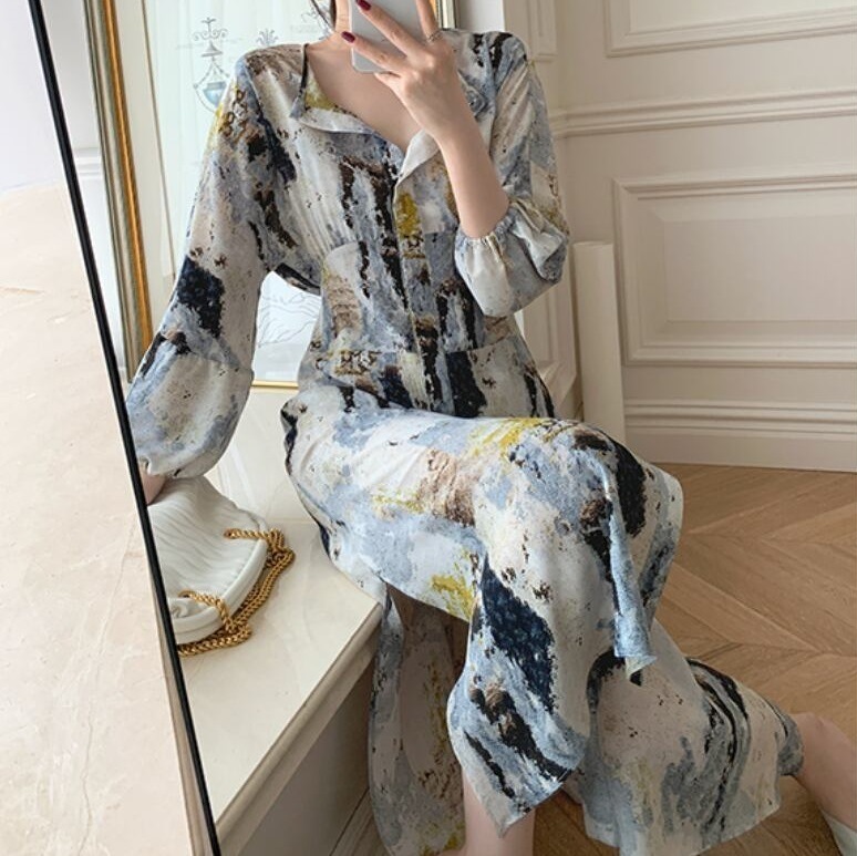 ワンピース シャツワンピース フレアワンピース 膝下 ミモレ ミモレ丈 ロング ロング丈 7分丈 ミディアム丈 袖あり 長袖 Uネック ラウンドネック ボートネック 襟なし フレア Aライン