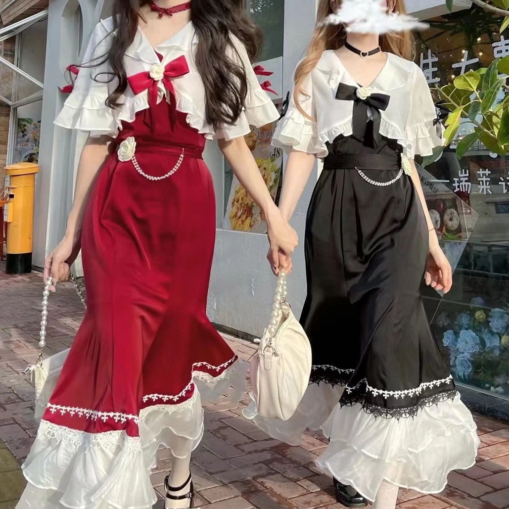 パーティードレス スーツ デザイン感ガーリーレースウエストを収めたスリムバッグヒップヒップワンピース+リボンレースカーディガン