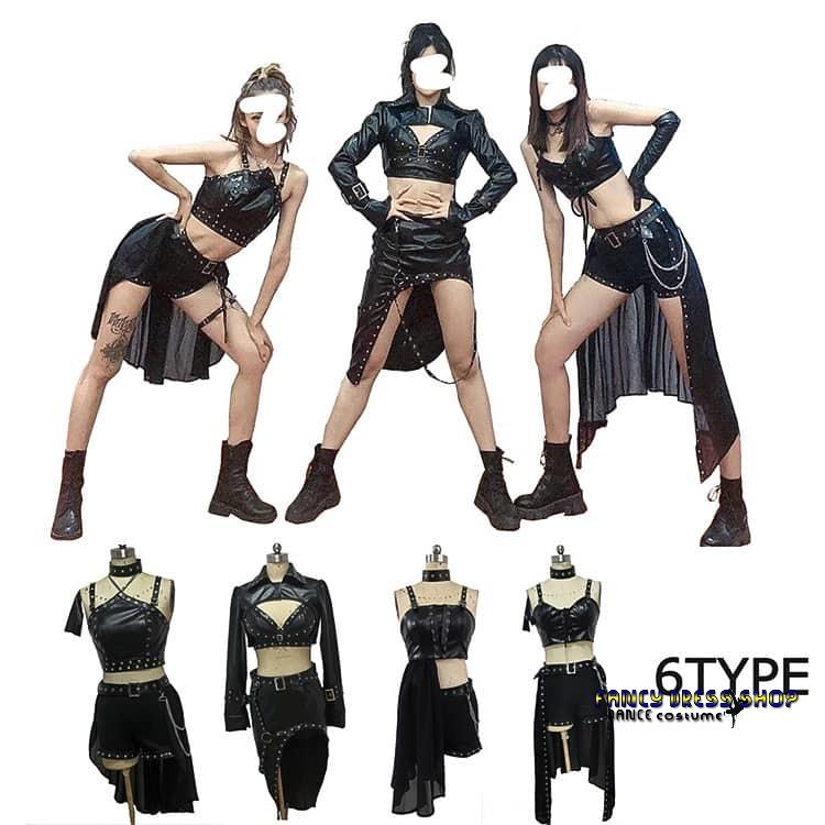 出荷が迅速である 独占販売 レディース セクシー 黒 フェイクレザー 演出服 韓国ダンス衣装 大人 DS ダンス 衣装 セットアップ ヒップホップ jazz ステージ衣装 へそ出し パンツ スカート