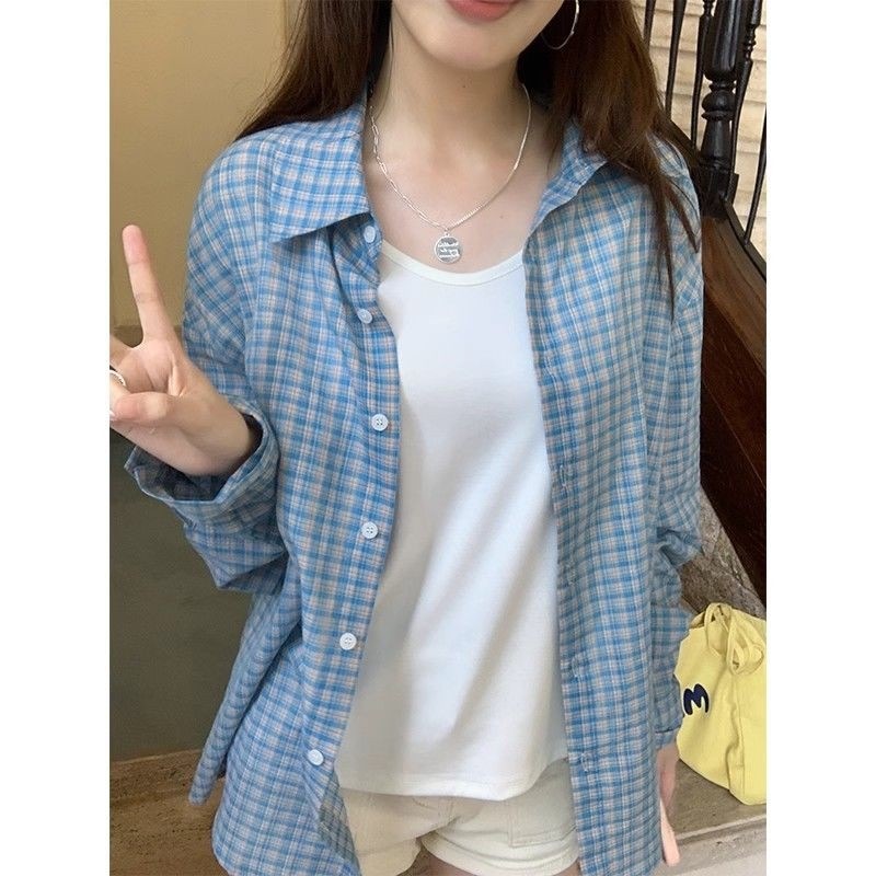 プレミアム 青 チェック シャツ レディース 長袖 ゆったり 重ね着 カーディガン シャツ アウター リラックス トップス11126