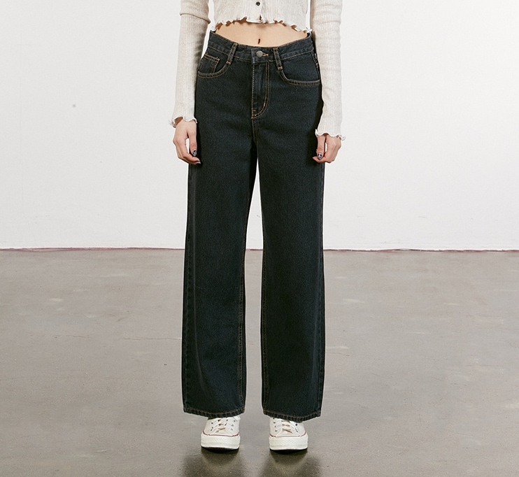 NOI024 ストレート ルーズフィット デニム パンツ (ブラック)