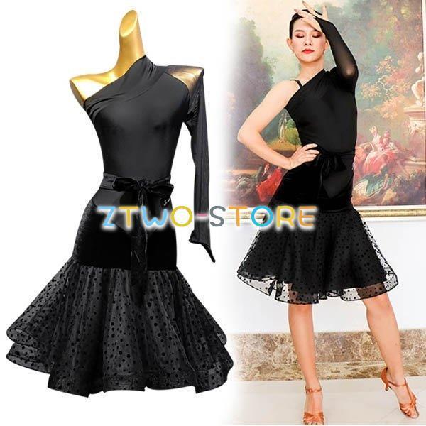 社交ダンス ラテンドレス 袖付き 肩出し ダンス衣装 ワンピース 練習着 チャチャチャ ラテン ステージ衣装 演出着 S2L ブラック