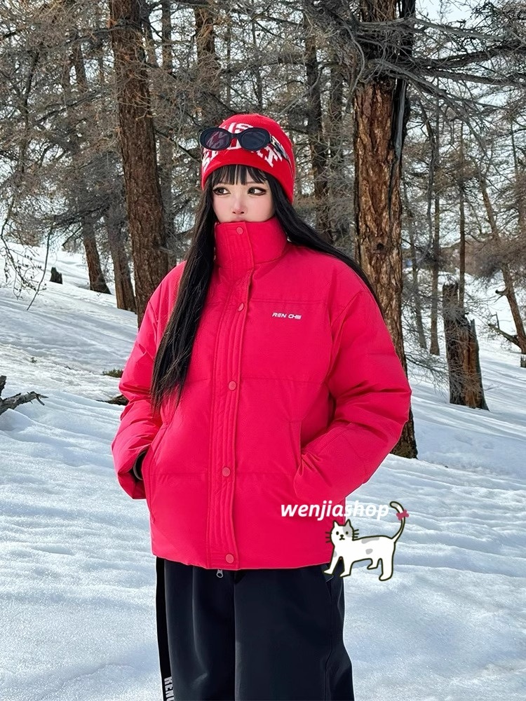 スノーボードウェア 24 25 ダウンコート メンズ レディース レッド ウィンターウェア ダウンウェア アウター ジャケット 韓国風 防寒着 スノーウェア スキーウェア スノボウェア