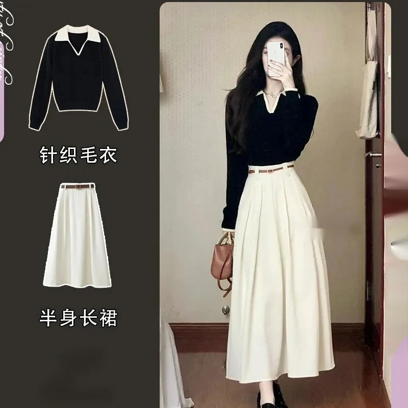 ハイエンドのカスタマイズ-ツーピーススカートのセット上品で香り高いスカートレディース長袖ニットトップス秋のコンプリートセット
