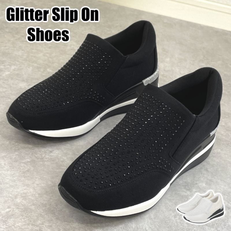 厚底 美脚 スリッポン シューズ スニーカー レディース 7cm ヒール 厚底 ビジュー スタッズ 黒 ブラック ホワイト 白 靴 30代 40代 50代 プラットフォーム ゴージャス セレブ sm3