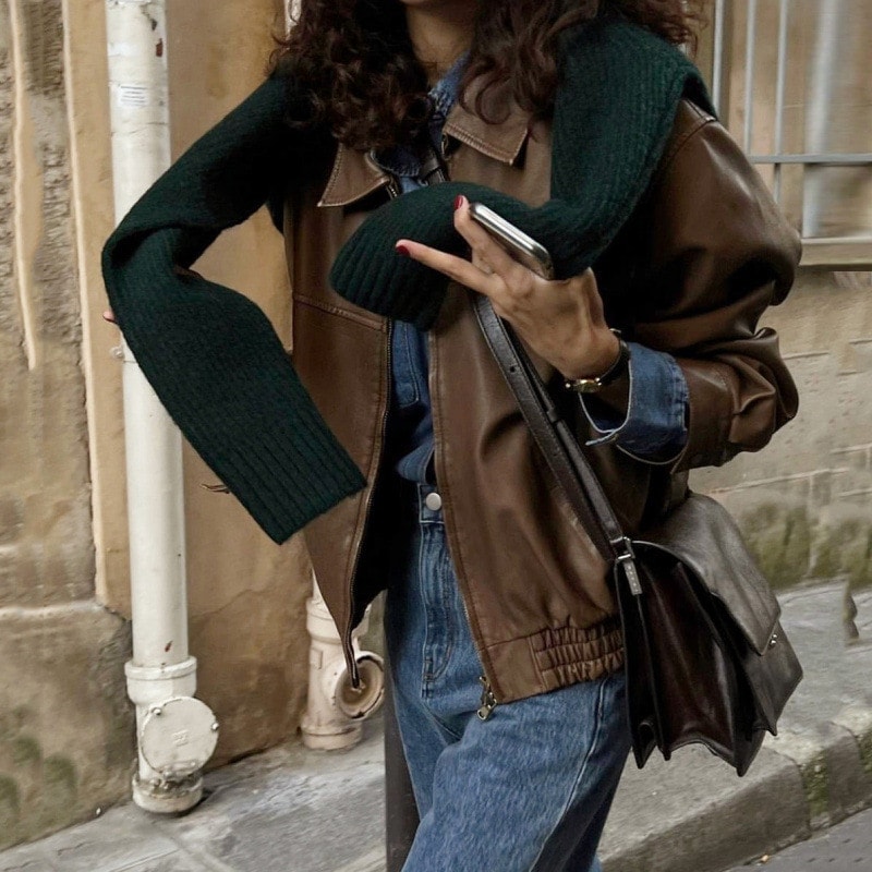 韓国の秋のレトロなハンサムなラペルジッパーポケットルーズで多用途な BF スタイルのオートバイのジ