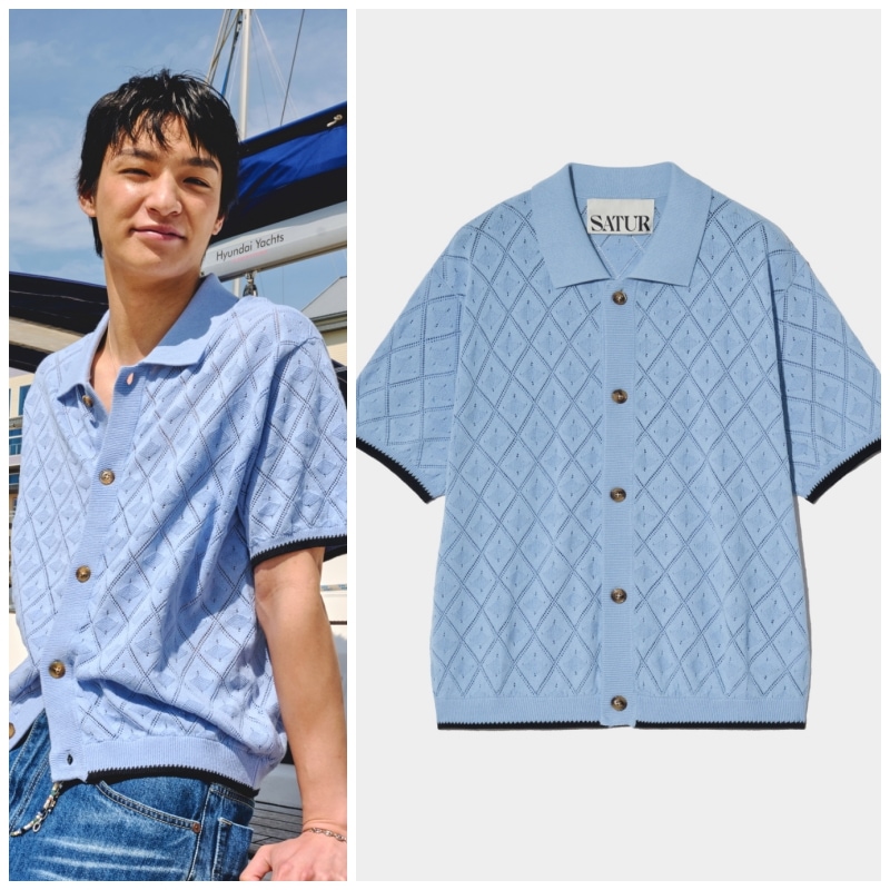 ◆SATUR◆ Fez cable collar half knit shirt sky blue SA242MKC SATUR】 FES CABLE COLLAR HALF KNIT SHIRT : SKY BLUE