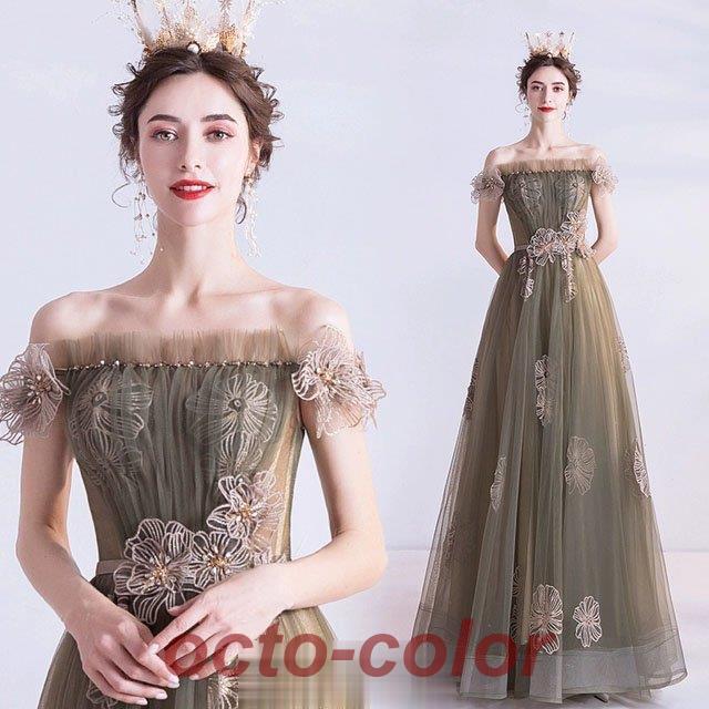 ボートネック オフショルダー イブニングドレス Aライン プリント 花柄 お洒落 キレイめ ロングドレス スパンコール キラキラ 素敵 演奏会ドレス