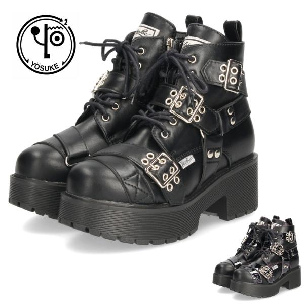 ヨースケ 厚底レースアップブーツ レディース 防滑 黒 ブラック 厚底ブーツ スタイルアップ ベルト付き おしゃれ YOSUKE 6310008