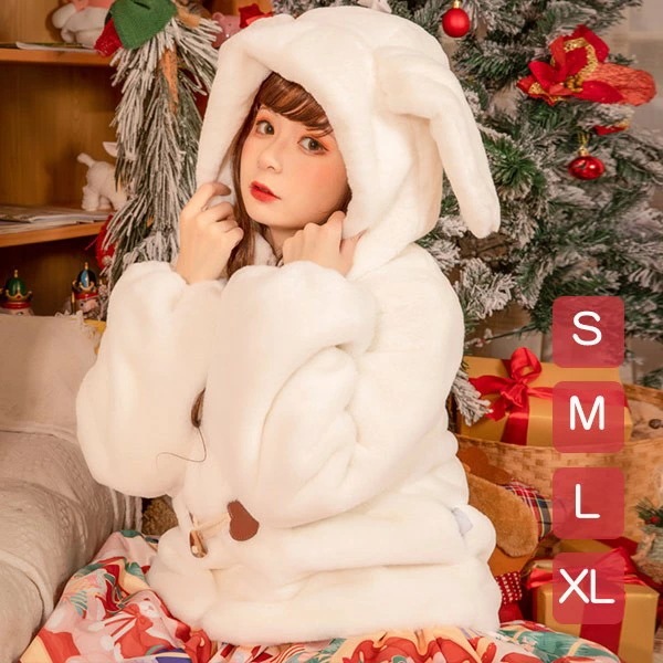 もこもこアウター 可愛い かわいい うさみみパーカー うさ耳 ショートコート ジャケット 女の子 レディース 厚手 ボレロ ロリータ lolita 秋冬 ホワイト 白 ブラウン ブラック 黒 小柄 学