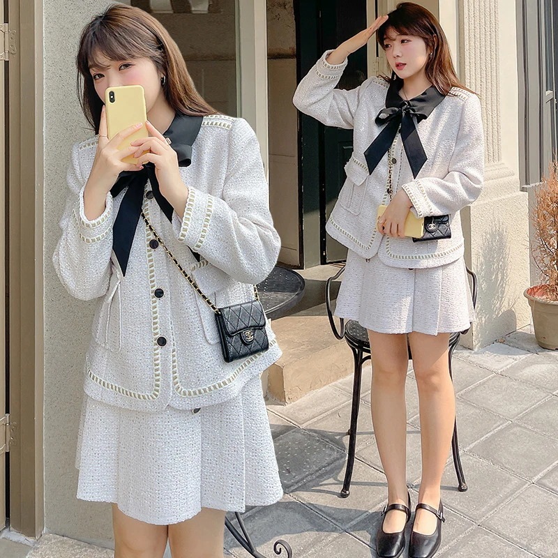 【3日で出荷】【ぽちゃまに】 春秋 可愛い 上下セット トップス＋スカート 大きいサイズ 体型カバー レディース セットアップ スーツセット メガ割