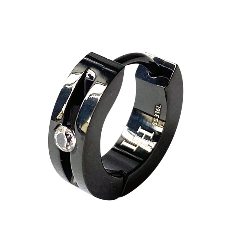 シングル フープピアス クリアキュービックジルコニア ステンレス ブラック 黒 片耳用 1点売り メンズ ブランド 彼氏 プレゼント