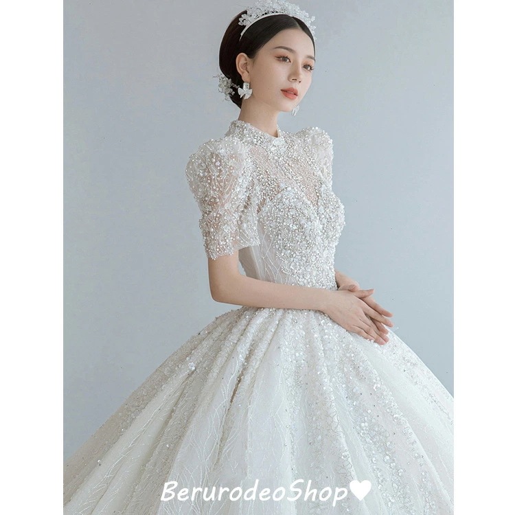 ベストセラーウェディングドレス 袖あり 立ち襟 ブライダルドレス ウェディング ドレス ライトシャンパン色 ビーズ 豪華高級感 トレーンドレス 花嫁ドレス 結婚式ドレス 二次会ドレス 海外挙式 ロング