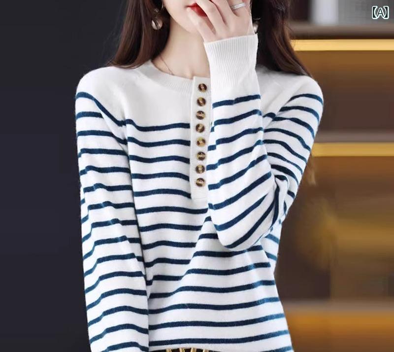 セーター 長袖 レディース 女性 ウール トップス プルオーバー ボーダー ストライプ ボタン カジュアル 配色 大きいサイズ 白 黒 茶