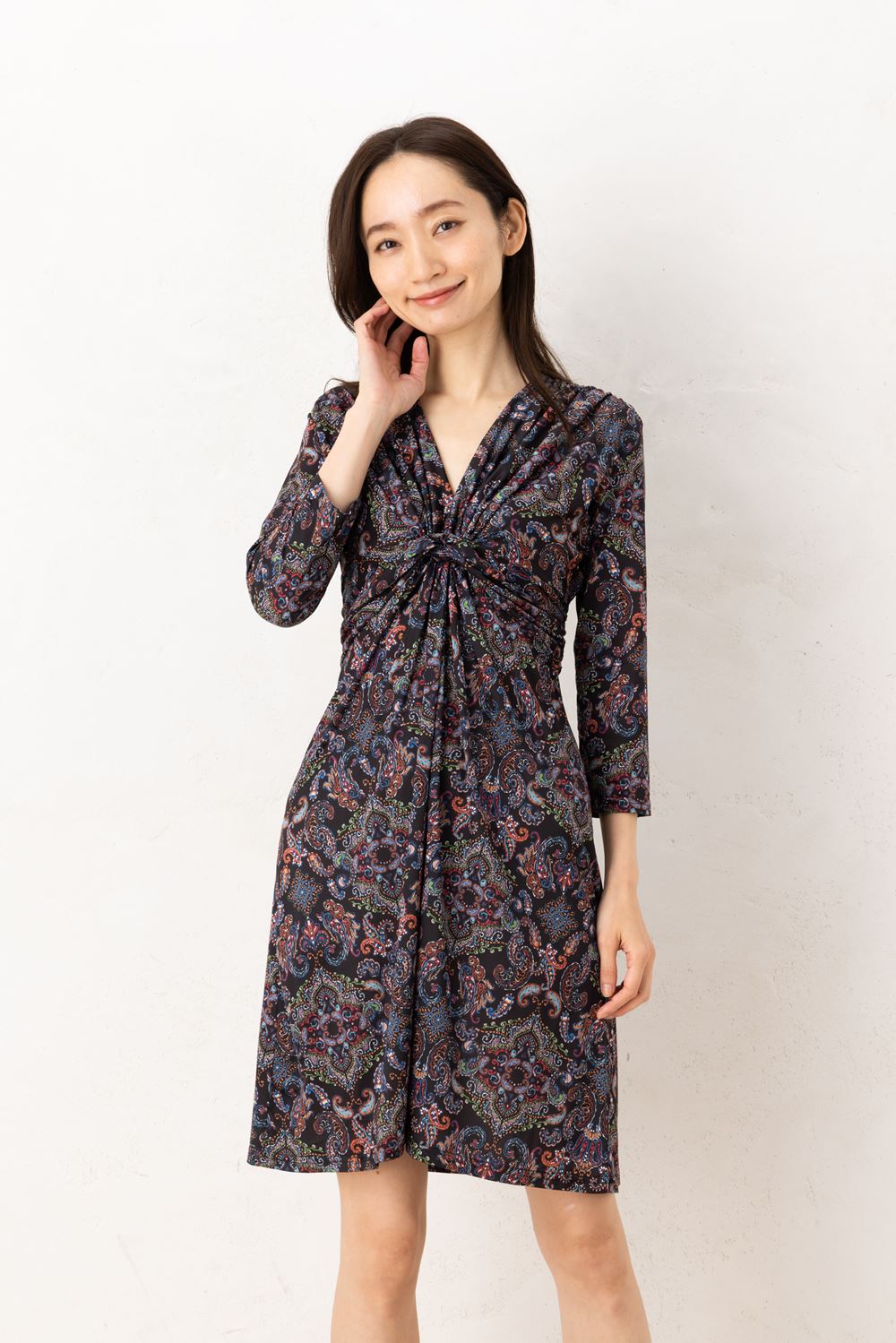 フィフィーユ(FIFILLES)ワンピース T1 T2 T3サイズ 七分袖 膝丈 Ｖネック ペイズリー柄 ジャージー生地 レディース フランス製 ワンピース ブラック