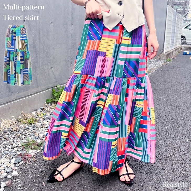 マルチパターンマキシ丈ティアードスカート レディース ボトムス 春 夏 ロング丈 フレア Aライン ウエストゴム 薄手 涼しい おしゃれ ゆったり 裏地付き ペチコート付き 体型カバー