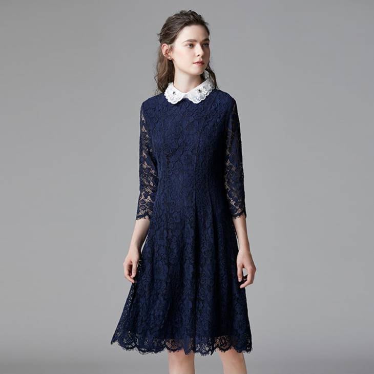 結婚式 パーティードレス ぽっちゃり L-6L ネイビー 大きいサイズ 予約 袖あり 七分袖 襟取り外し 2WAY 総レース ワンピース MD-Y142886 レディース 30代 40代